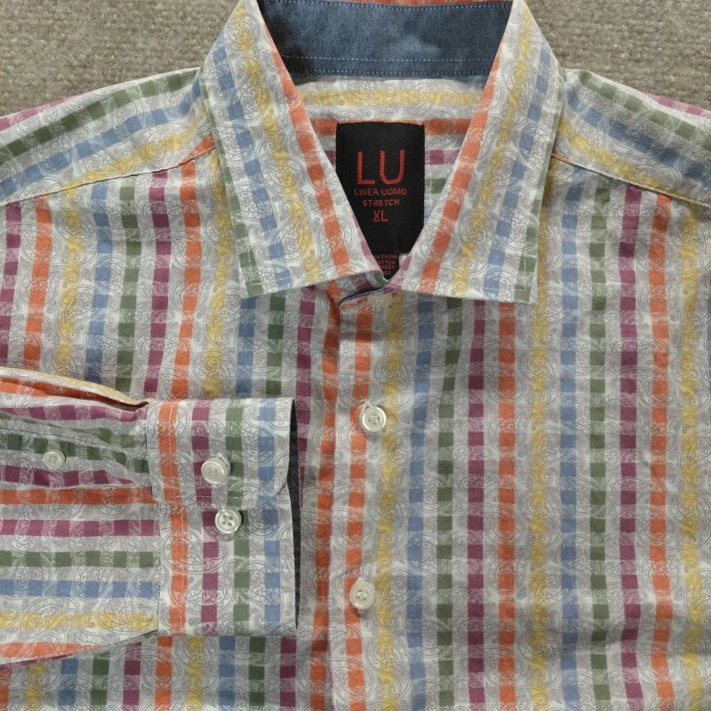 Linea Uomo Button Up Shirt Mens XL Paisley Mutil Color Stripe Long Sleeve Collar